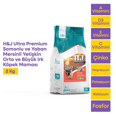 Health&Joy (H&J) Ultra Premium Somonlu ve Yaban Mersinli Yetişkin Orta ve Büyük Irk Köpek Maması 2 Kg - 1